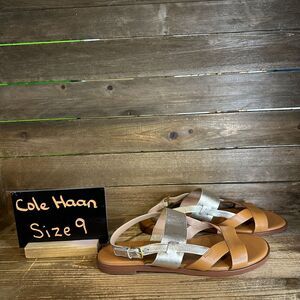 New Womens Cole Haan‎ Fawn Brown Gold Leather Strappy Slingback Sandals Size 9 B